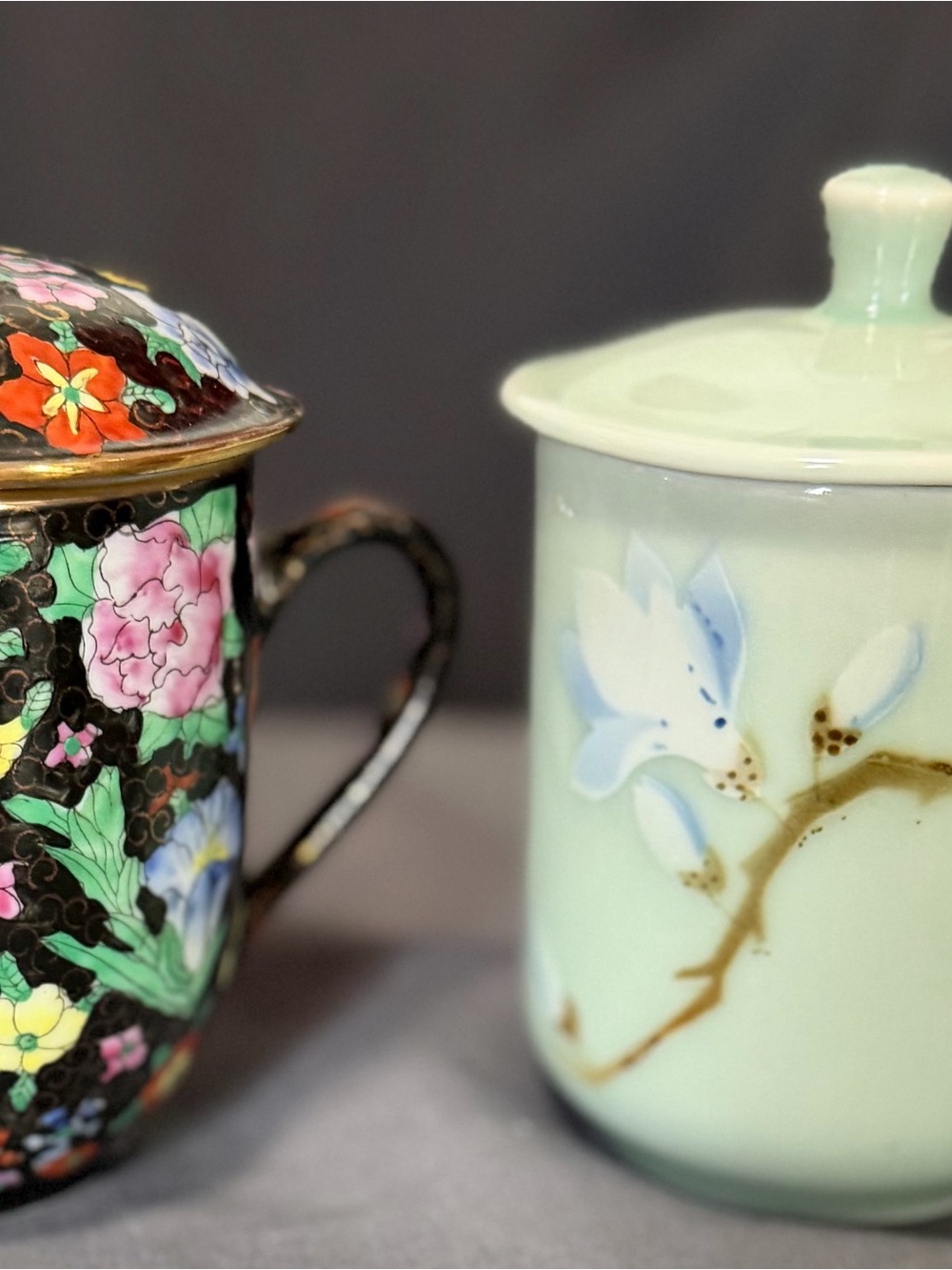Pair of Hand-Painted Floral Ceramic tea  pots